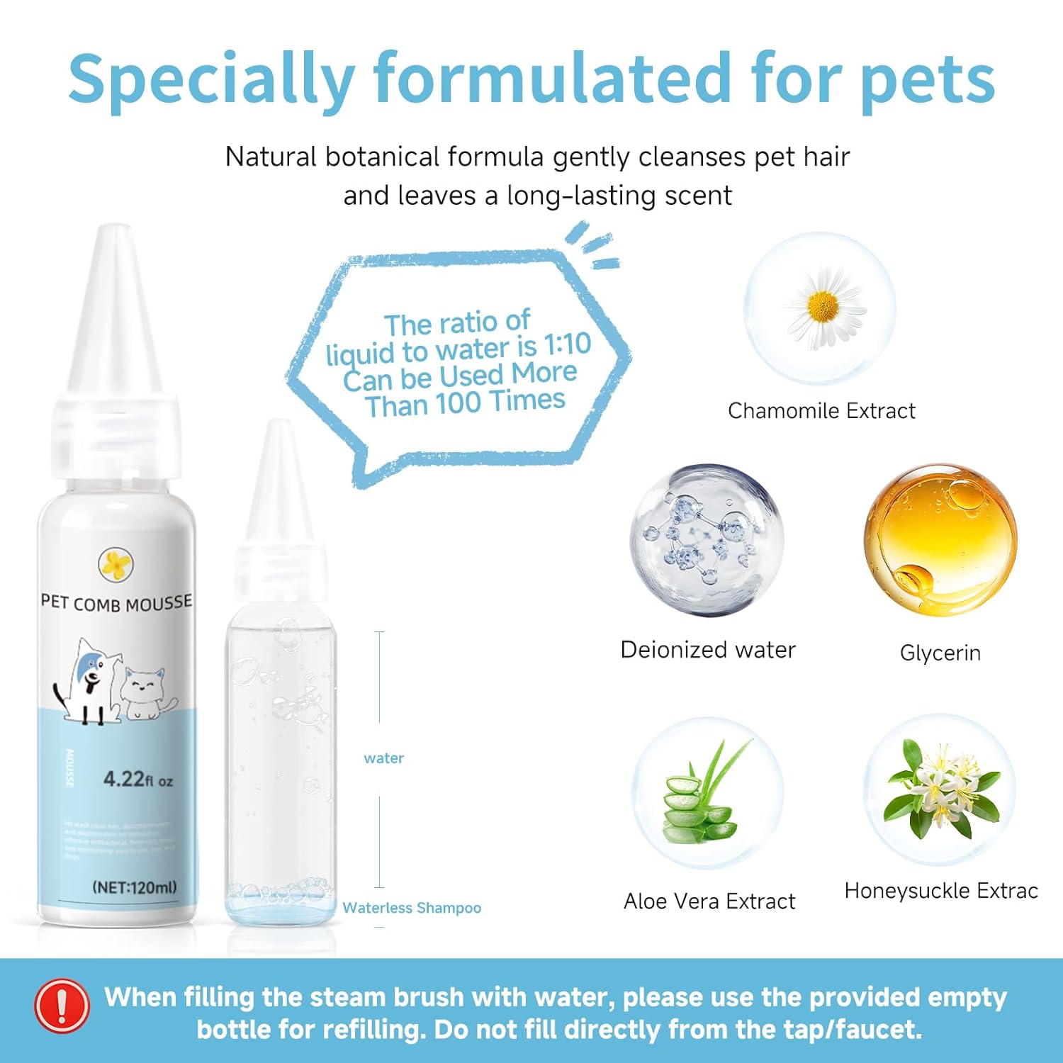 Pet Steam Brush for Dog & Cat - 3-in-1 Steam Grooming Brush for Shedding & Hair Removal - Pet comb leave-in serum with Mist for Long Haired Pets - Includes 2*Waterless Shampoo, Blue - Happypetzone.online - Image 3