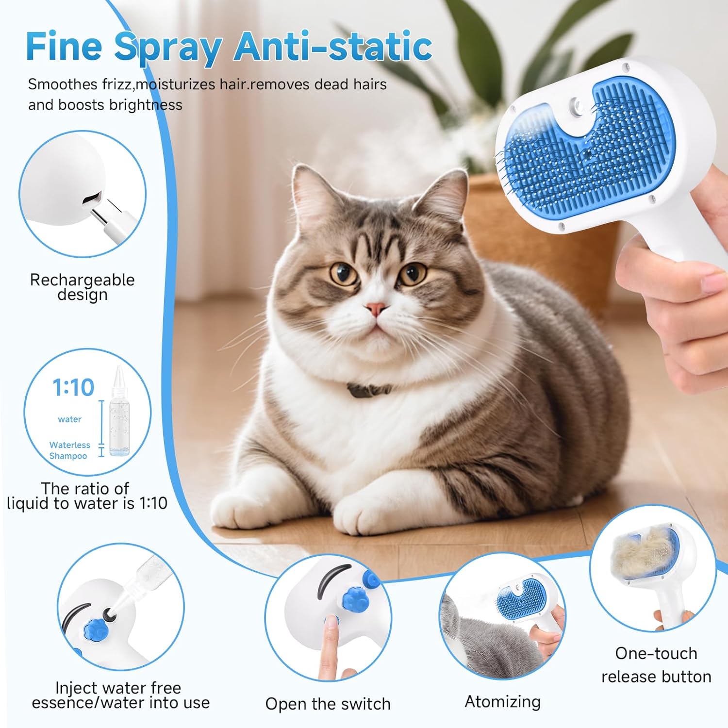 Pet Steam Brush for Dog & Cat - 3-in-1 Steam Grooming Brush for Shedding & Hair Removal - Pet comb leave-in serum with Mist for Long Haired Pets - Includes 2*Waterless Shampoo, Blue - Happypetzone.online - Image 7