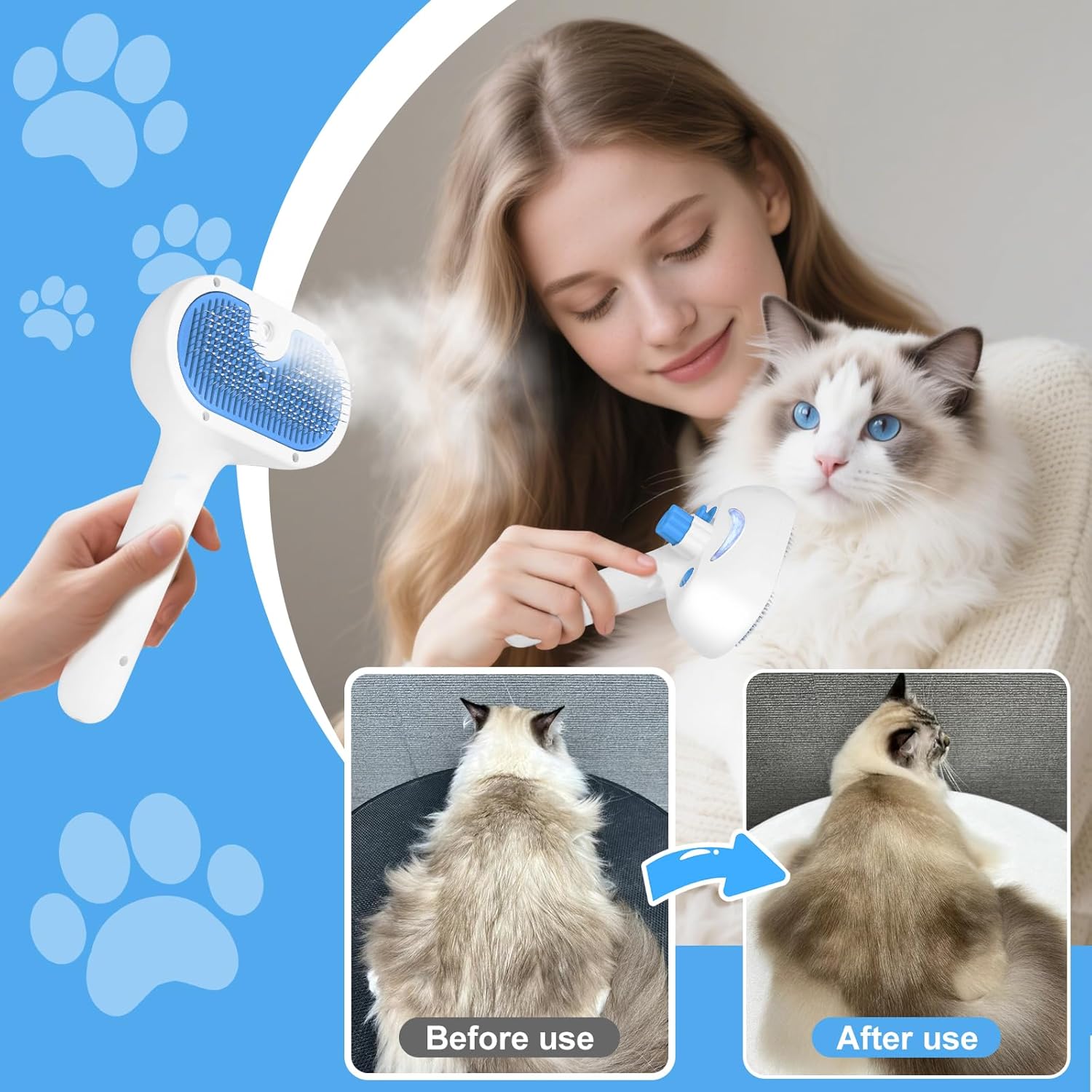 Pet Steam Brush for Dog & Cat - 3-in-1 Steam Grooming Brush for Shedding & Hair Removal - Pet comb leave-in serum with Mist for Long Haired Pets - Includes 2*Waterless Shampoo, Blue - Happypetzone.online - Image 8