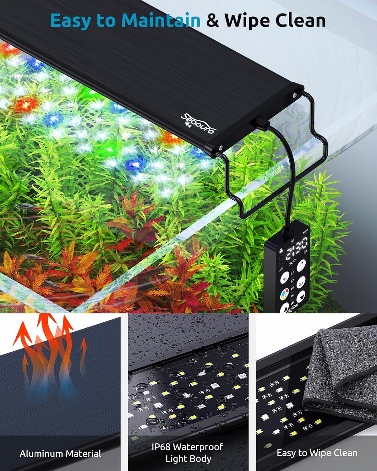 SEAOURA LED Aquarium Light, 24/7 Custom Timer, Power-Off Memory,7-Row LED 12-18in Full Spectrum Fish Tank Light, 8 Colors, 20 Brightness, Day&Night Cycle, Adjustable Mount for Freshwater Plant Growth - Happypetzone.online - Image 7