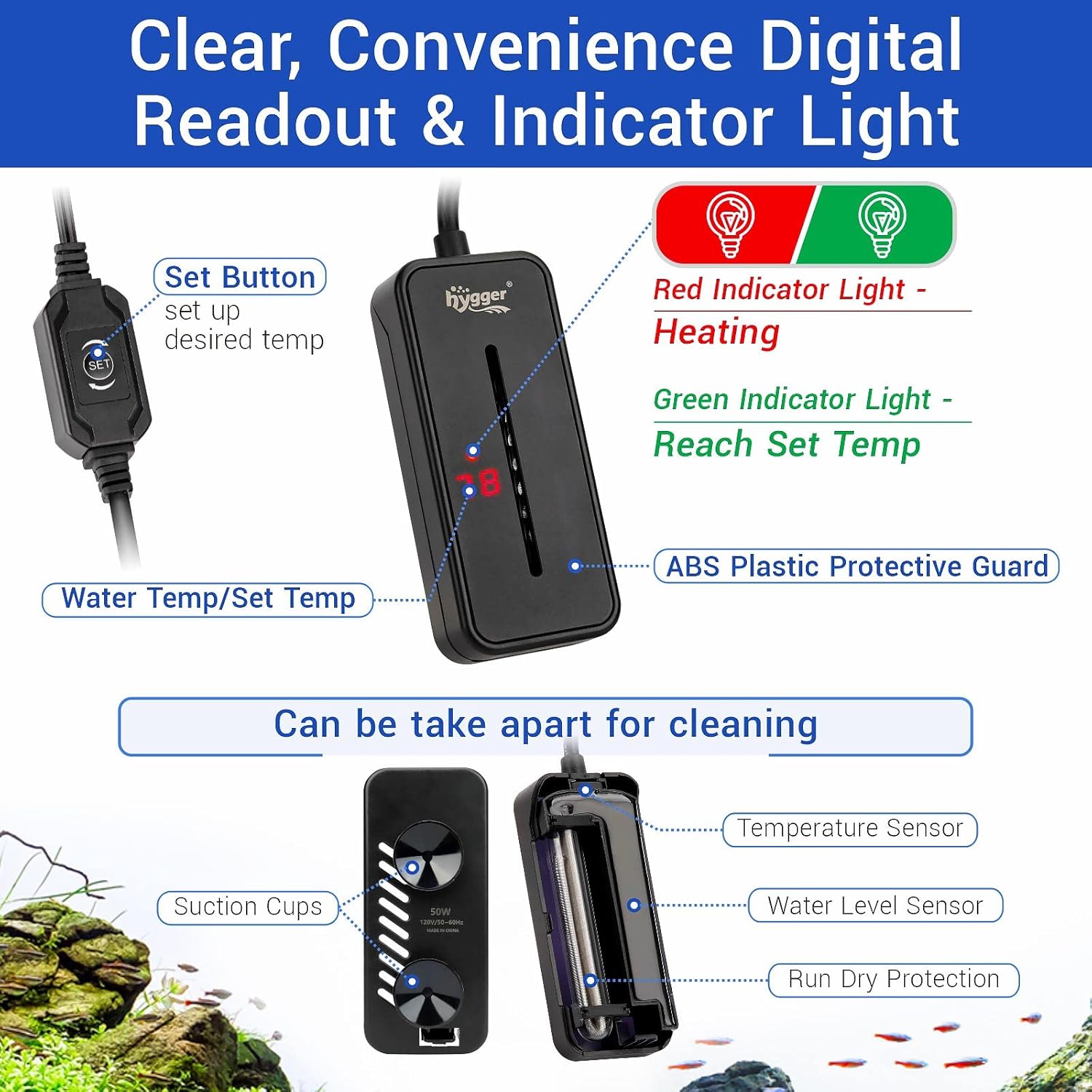 hygger Small Submersible Aquarium Heater 50W Mini Betta Fish Tank Heater with LED Display Adjustable Temperature for 5-10 Gallon Freshwater Saltwater Coral Reef Tanks - Happypetzone.online - Image 2