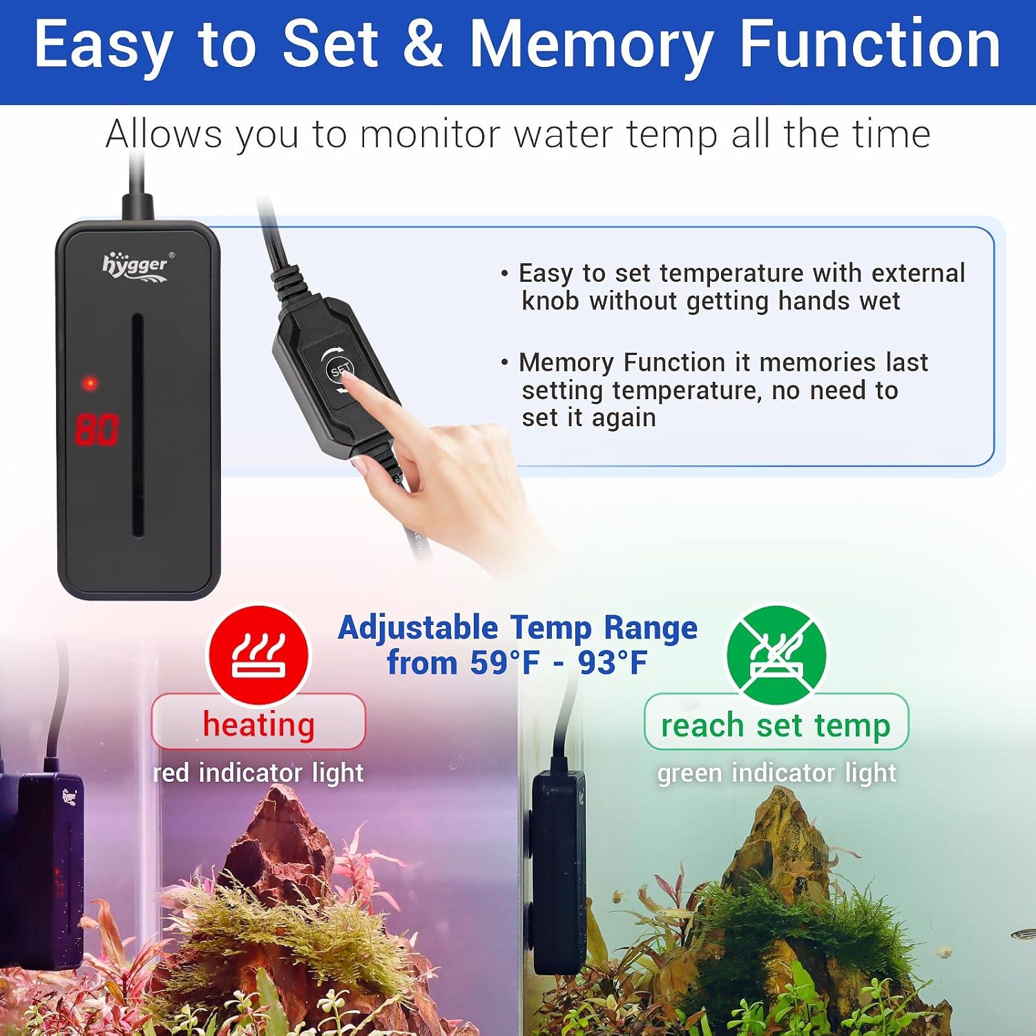 hygger Small Submersible Aquarium Heater 50W Mini Betta Fish Tank Heater with LED Display Adjustable Temperature for 5-10 Gallon Freshwater Saltwater Coral Reef Tanks - Happypetzone.online - Image 4