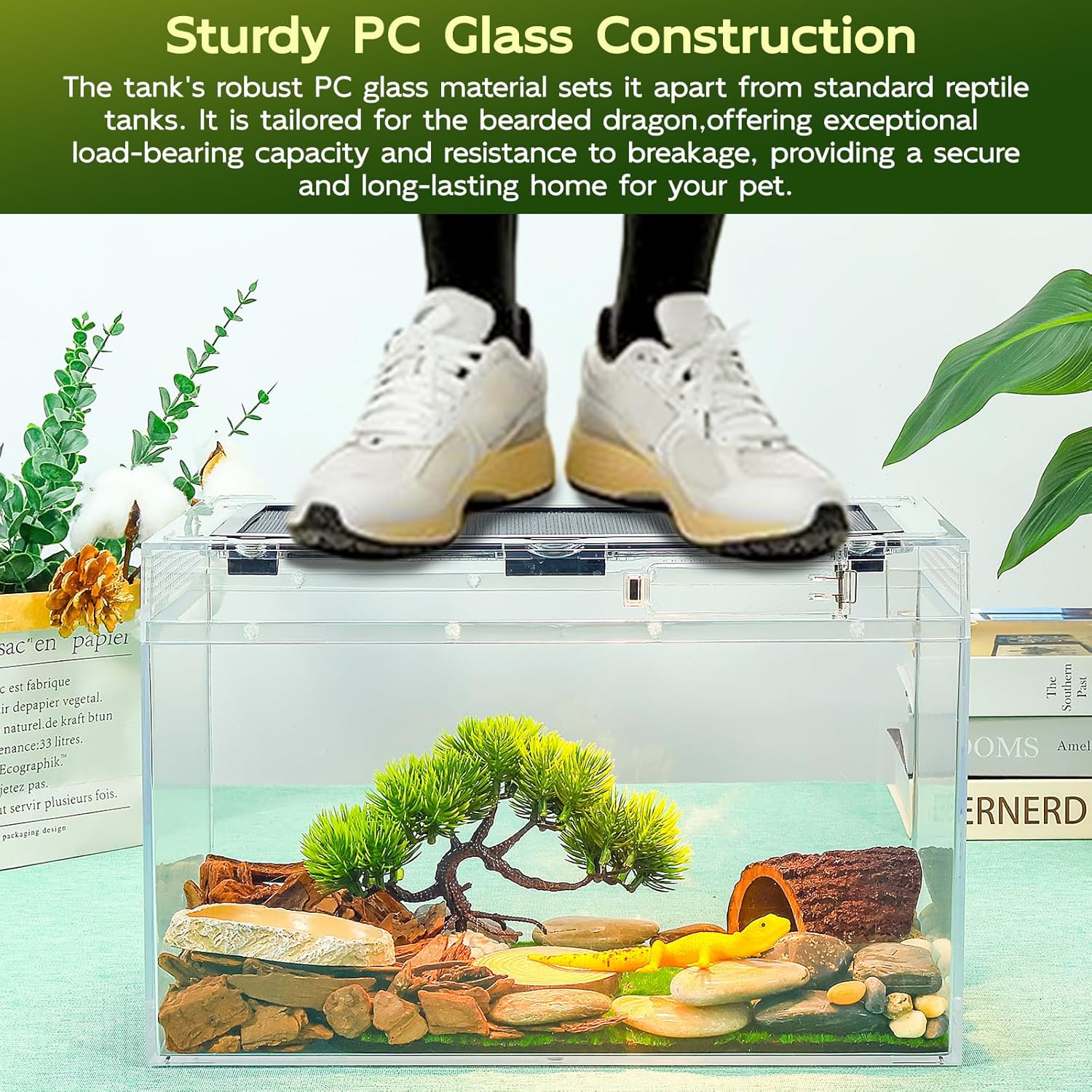 16×10×8'' Reptile Tank Kit with Heat Lamp, Spray Bottle, Shovel, Tweezers, Food Bowl, Hideout -Perfect for Geckos, Bearded Dragons, Snakes, Lizards, Turtles 360° Viewing, PC Glass - Happypetzone.online - Image 5