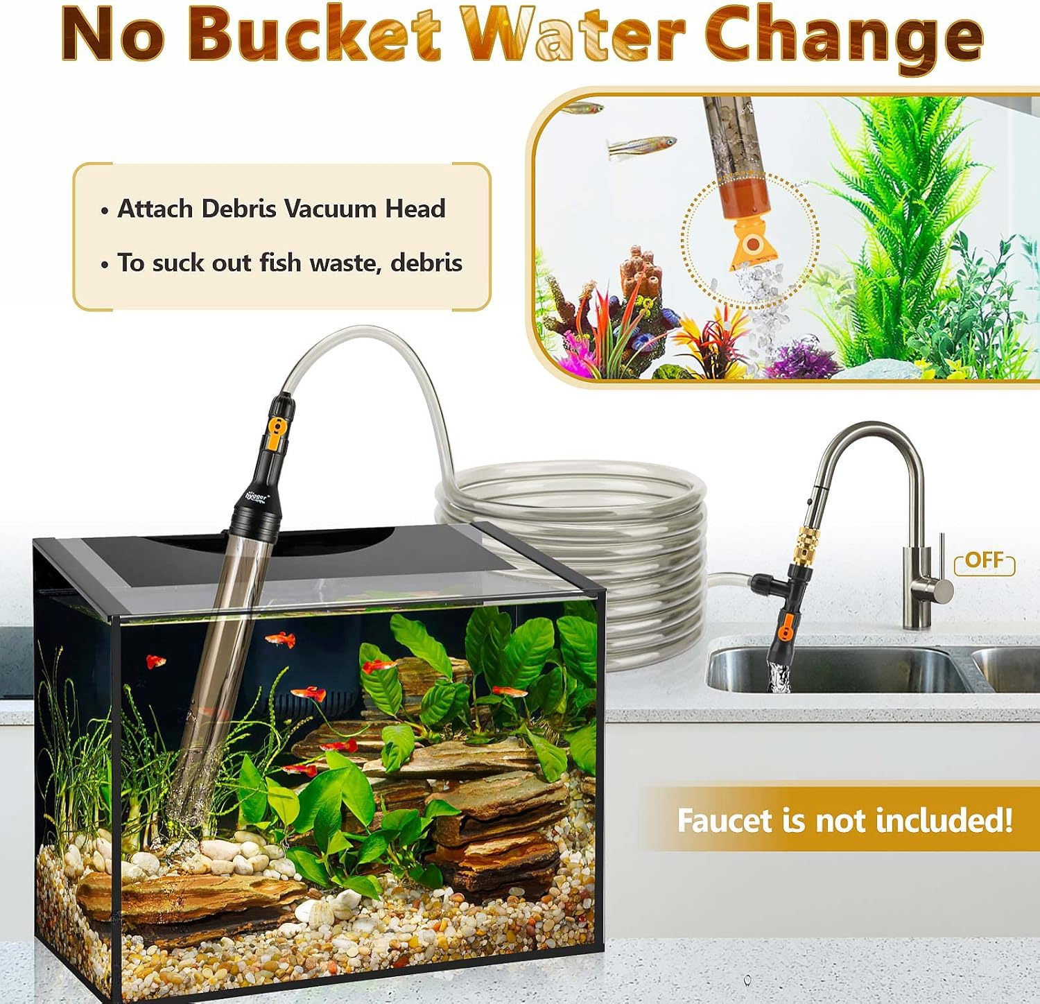 hygger Bucket-Free Aquarium Water Change Kit Metal Faucet Connector Fish Tank Vacuum Siphon Gravel Cleaner with Long Hose 49FT Drain & Fill - Happypetzone.online - Image 2