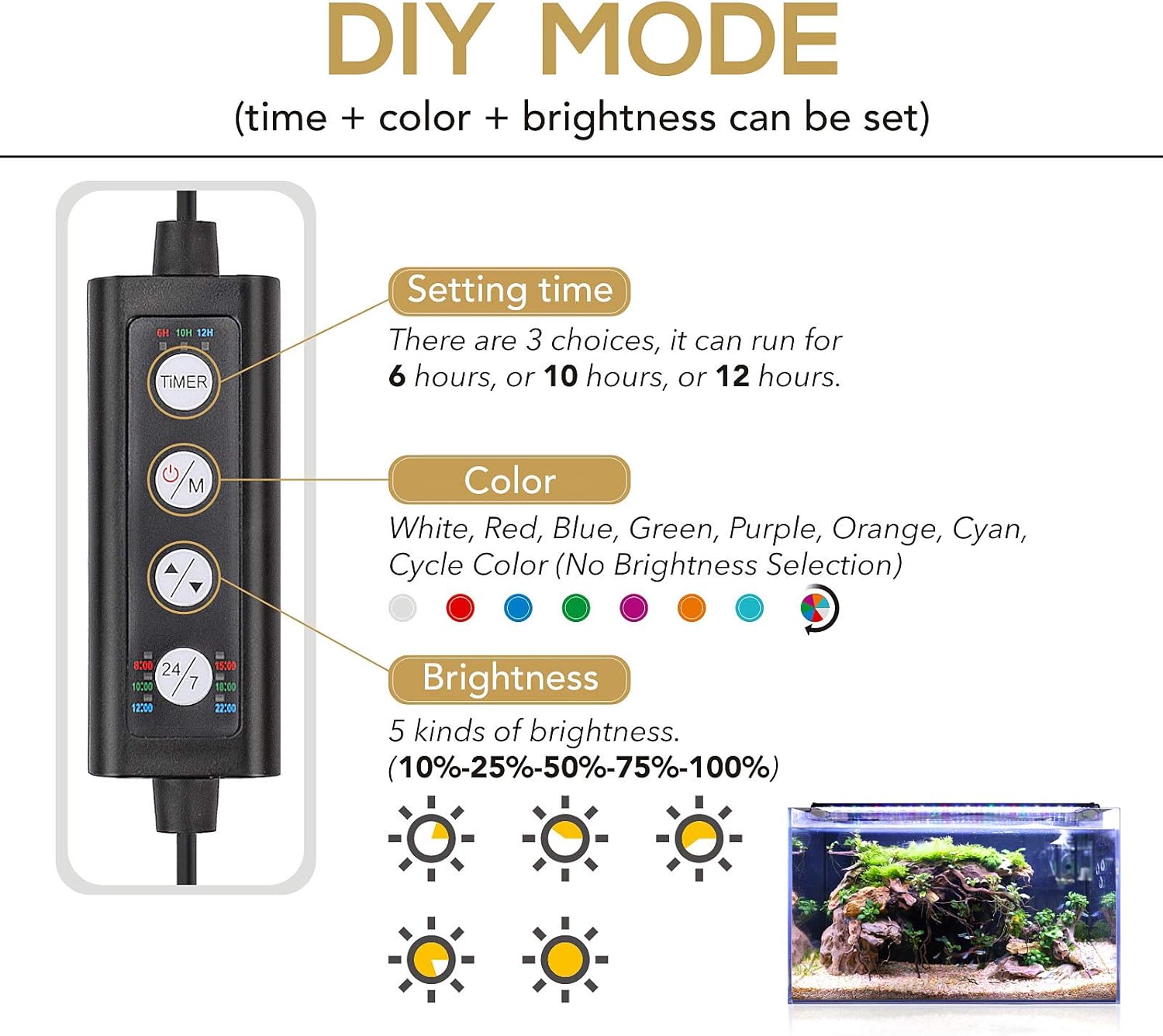 hygger 26W 24/7 Lighting Aquarium LED Light, Sunrise-Daylight-Moonlight Mode and DIY Mode, Adjustable Timer Adjustable Brightness Fish Tank Light with Extendable Bracket 7 Colors for Planted Tank - Happypetzone.online - Image 2