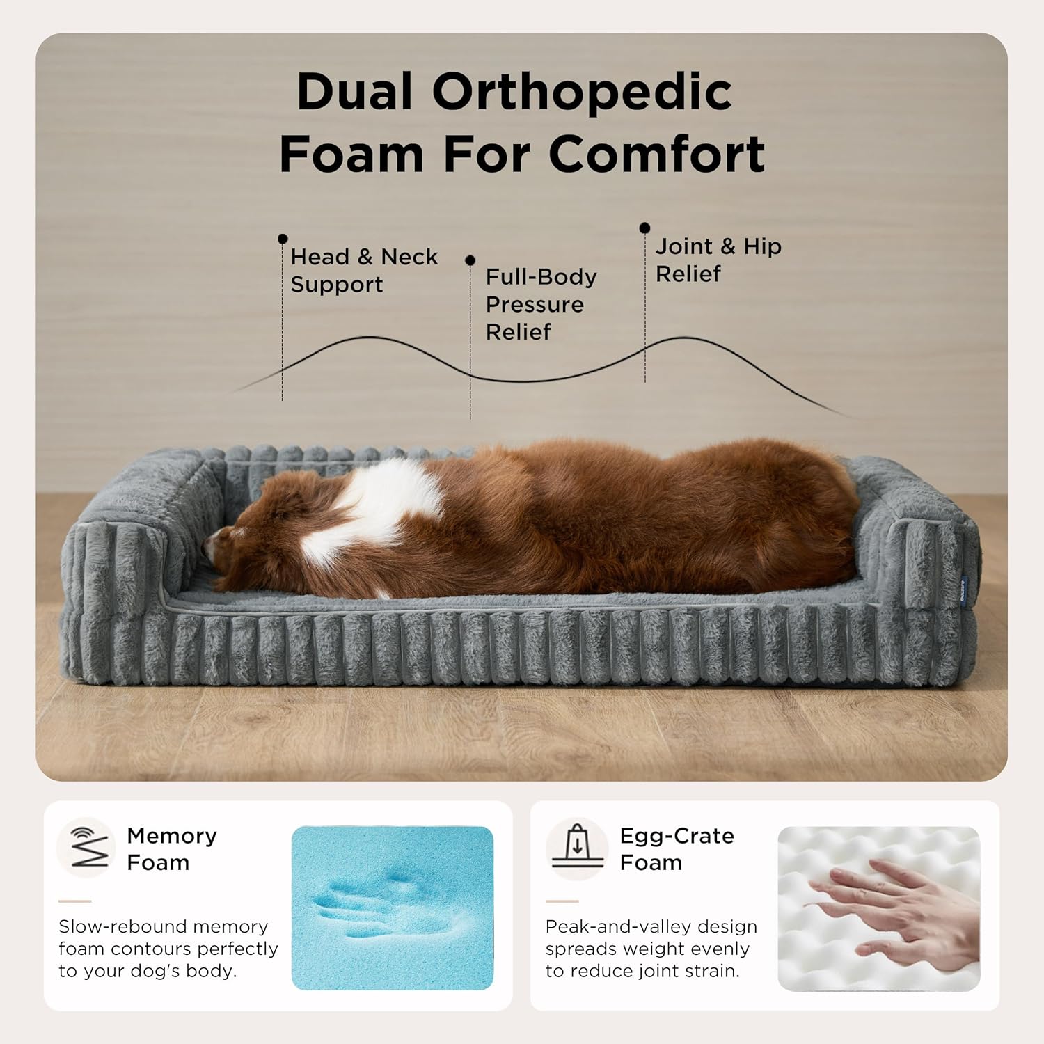 Bedsure ComfyFleece™ Orthopedic Dog Bed for Medium Dogs, Waterproof Memory Foam Medium Pet Beds with Sides, Non-Slip Bottom and Egg-Crate Foam Dog Couch Sofa with Washable Corduroy Cover, Grey - Happypetzone.online - Image 2