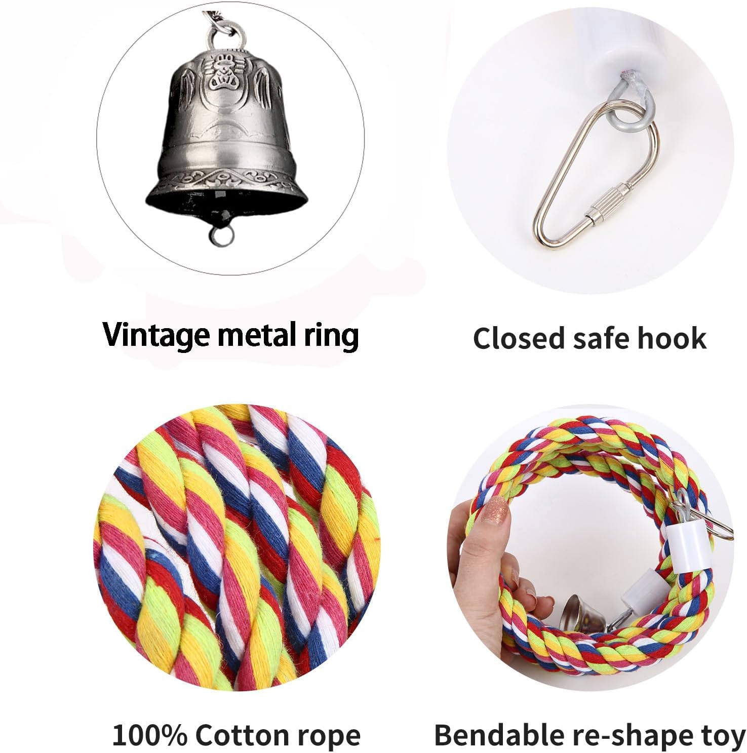 63'' Bird Rope Perches Birdcage Swing Toys 100% Cotton Natural Bird Perch Peck/Chewing with Vintage Bell Climbing Standing Bungee Parrot Toys for Small to Regular Size Parrot Cockatiel Birds - Happypetzone.online - Image 3