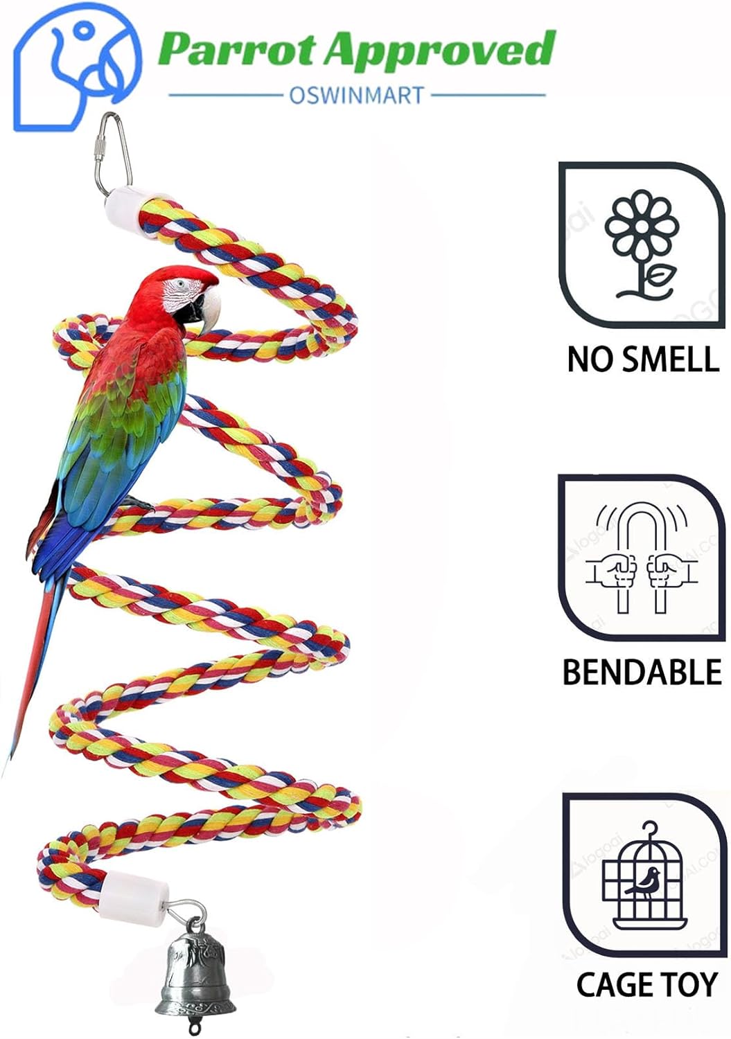 63'' Bird Rope Perches Birdcage Swing Toys 100% Cotton Natural Bird Perch Peck/Chewing with Vintage Bell Climbing Standing Bungee Parrot Toys for Small to Regular Size Parrot Cockatiel Birds - Happypetzone.online - Image 2