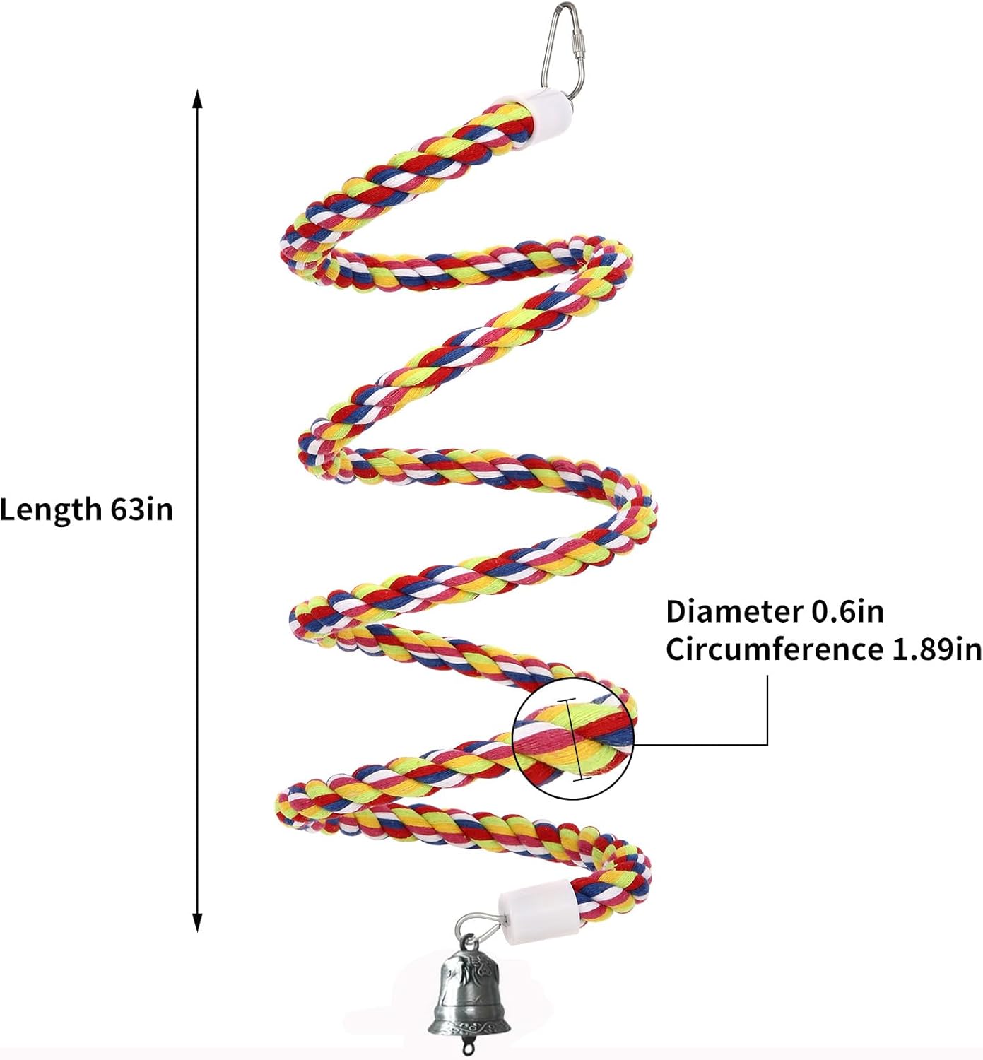 63'' Bird Rope Perches Birdcage Swing Toys 100% Cotton Natural Bird Perch Peck/Chewing with Vintage Bell Climbing Standing Bungee Parrot Toys for Small to Regular Size Parrot Cockatiel Birds - Happypetzone.online - Image 4