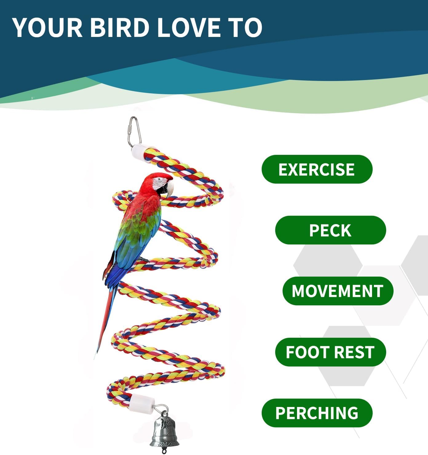 63'' Bird Rope Perches Birdcage Swing Toys 100% Cotton Natural Bird Perch Peck/Chewing with Vintage Bell Climbing Standing Bungee Parrot Toys for Small to Regular Size Parrot Cockatiel Birds - Happypetzone.online - Image 5