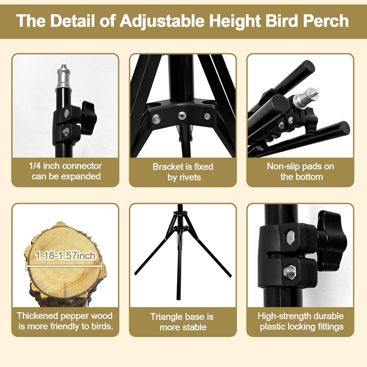 16-63 Inch Height Adjustable Bird Perch Pepper Wood Bird Training Perch Stand Parakeet Perches Indoor and Outdoor Parrot Stands for Small to Medium Bird - Happypetzone.online - Image 5