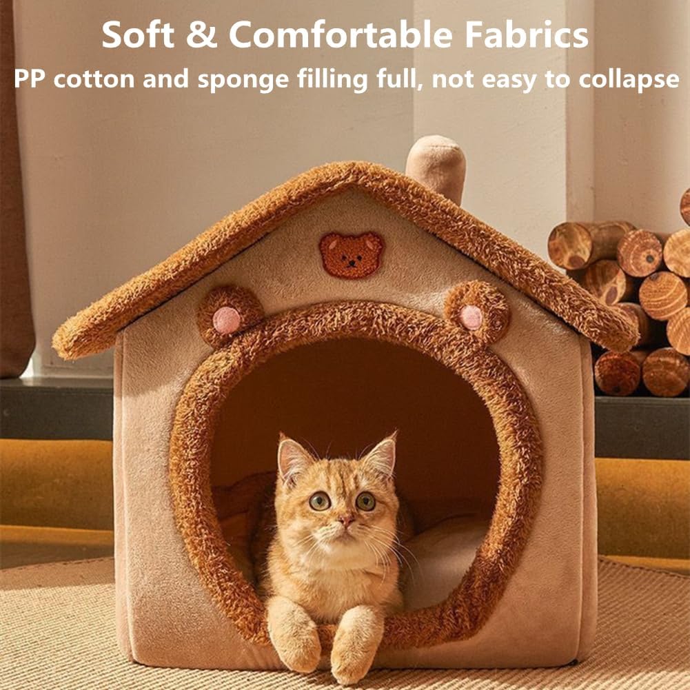 Cat Bed for Indoor Cats,Cozy Cat Cave Bed Cat House Cat Tent with Removable Cushion Pillow,Soft Warm Pet House Puppy Bed,Cute Bear Pet Nest for Cat Kitten Small Dogs (Brown, S-15.8x12.6x13.8 Inches) - Happypetzone.online - Image 2