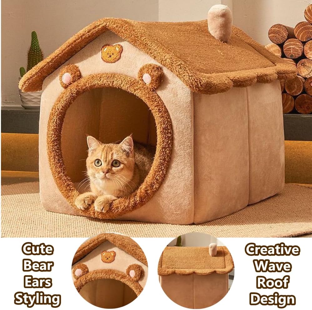 Cat Bed for Indoor Cats,Cozy Cat Cave Bed Cat House Cat Tent with Removable Cushion Pillow,Soft Warm Pet House Puppy Bed,Cute Bear Pet Nest for Cat Kitten Small Dogs (Brown, S-15.8x12.6x13.8 Inches) - Happypetzone.online - Image 5