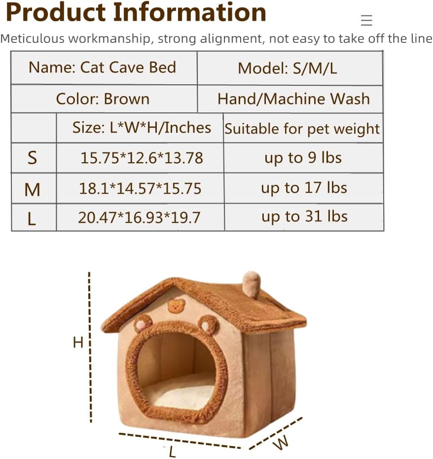Cat Bed for Indoor Cats,Cozy Cat Cave Bed Cat House Cat Tent with Removable Cushion Pillow,Soft Warm Pet House Puppy Bed,Cute Bear Pet Nest for Cat Kitten Small Dogs (Brown, S-15.8x12.6x13.8 Inches) - Happypetzone.online - Image 7