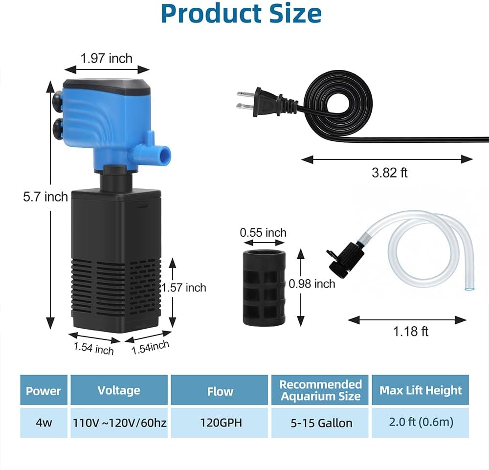 DaToo Aquarium Filter 5-15 Gallon Fish Tank Filter 120GPH Powerful Pump For Aquariums Adjustable Air Flow Submersible Internal Aquarium Filters For Pond Wavemaker Air Supply Freshwater And Saltwater - Happypetzone.online - Image 6