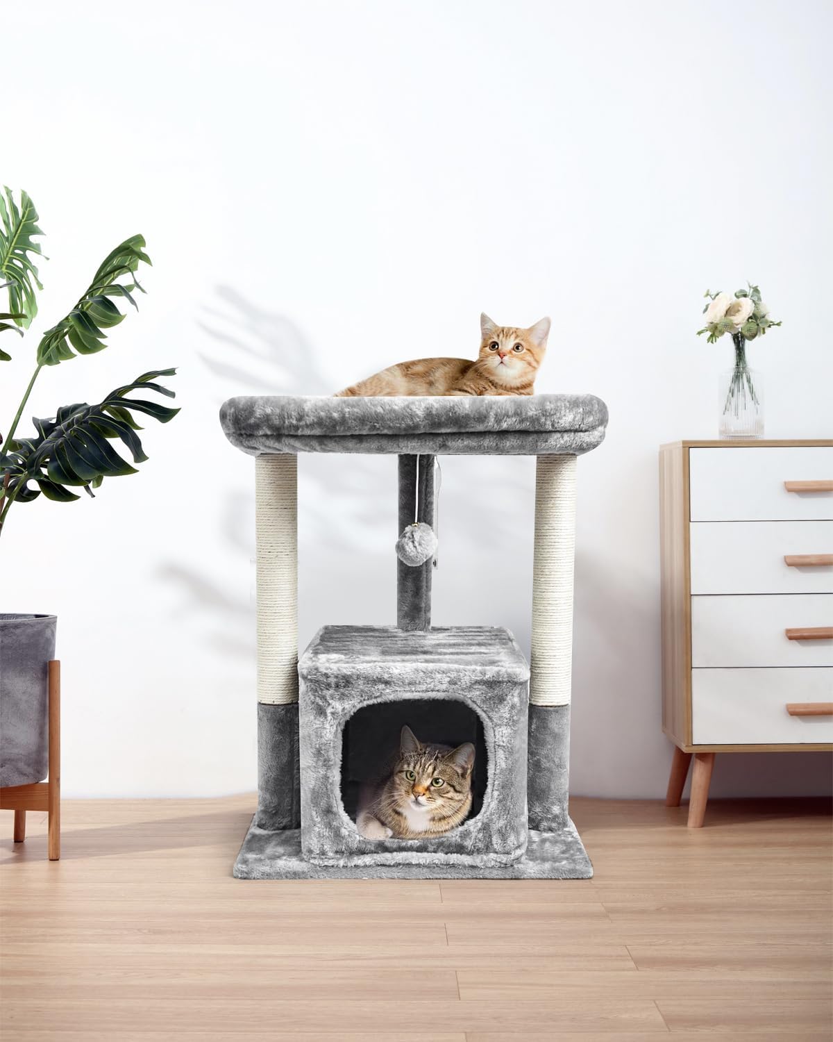 SYANDLVY 27IN Cat Tree for Indoor Cats Large Adult, Modern Activity Tower with Scratching Posts, Condo with Plush Perch, Climbing Stand with Spring Ball for Play, Grey - Happypetzone.online - Image 6