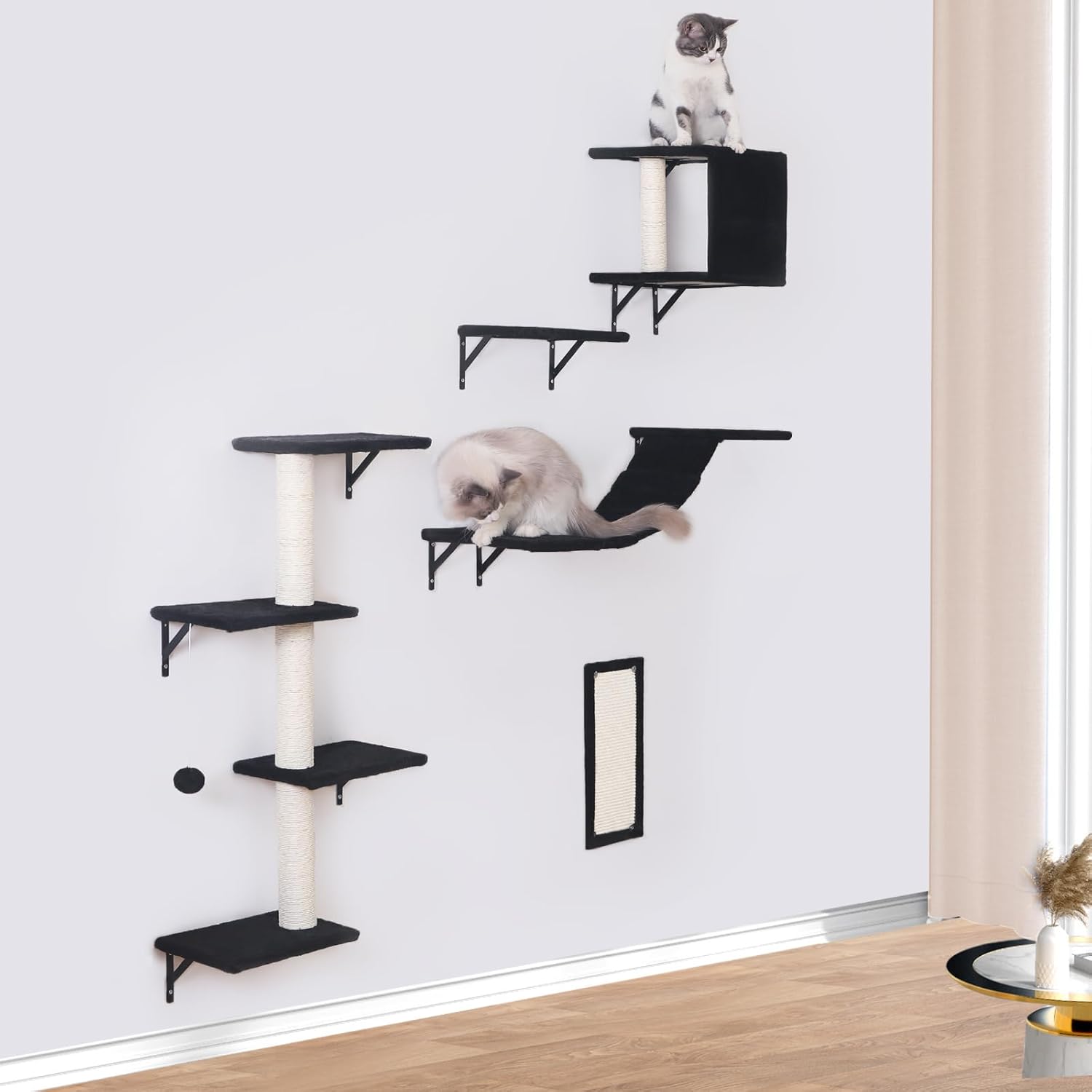 Modern Wall-Mounted Cat Furniture - 5pcs Cat Wall Shelves, Wooden Climber Includes House, Bridge, Tree, Steps, and Scratcher (Black) - Happypetzone.online - Image 7