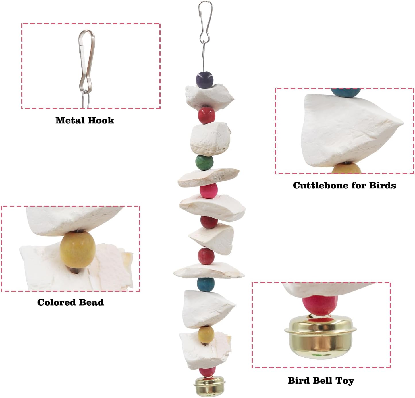 2 Pack Bird Toys with Cuttlebone, Parakeet Toys, Bird Beak Grinding Stone, Cage Accessories for Parakeets, Cuttlefish Bone for Budgies, Cockatiels, Lovebirds, Green Cheeks, Small to Medium Birds - Happypetzone.online - Image 3
