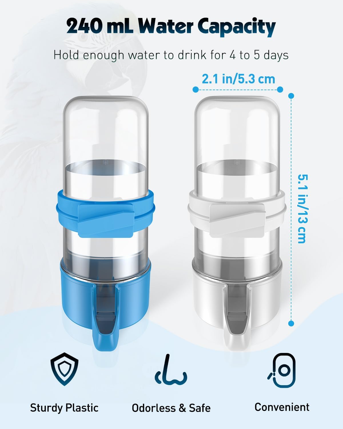 Pawfly Auto Bird Waterer, 2-Pack Cage Dispenser Feeder for Parrots, Hamsters - Small Bird Accessories for Cockatiel, Budgie, Lovebirds (White/Blue) - Happypetzone.online - Image 2