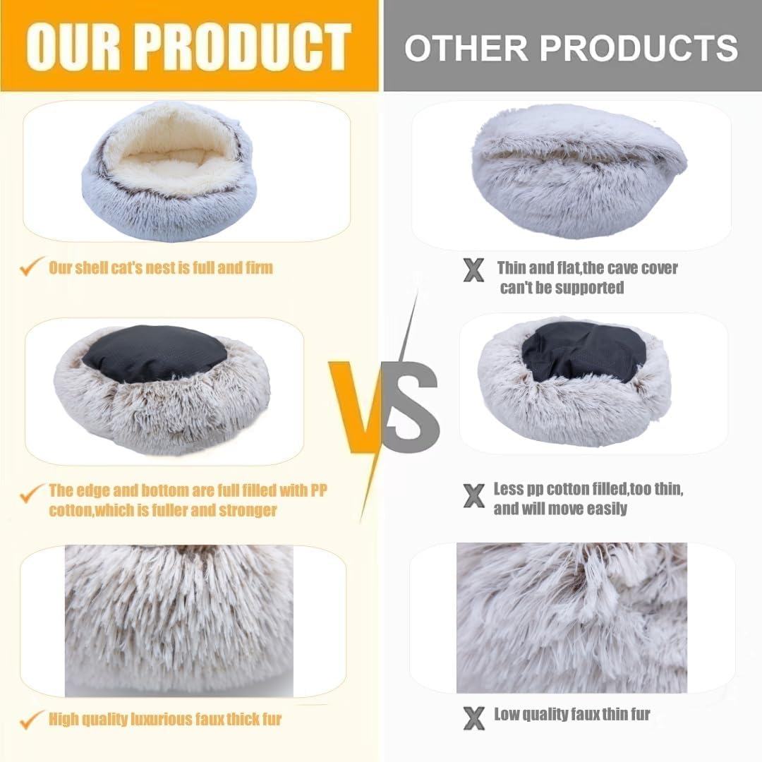 ZaneSun Calming Round Dog Bed & Cat Cave with Hooded Cover, Plush Fluffy Anti-Anxiety Cat Bed, Waterproof Bottom Washable (Coffee, 20x20inch) - Happypetzone.online - Image 4