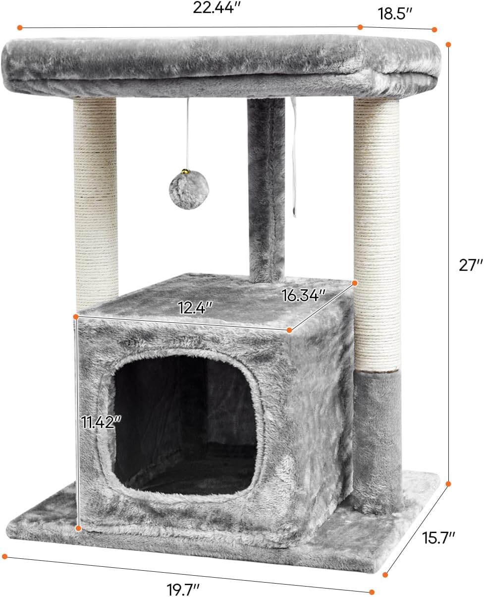 SYANDLVY 27IN Cat Tree for Indoor Cats Large Adult, Modern Activity Tower with Scratching Posts, Condo with Plush Perch, Climbing Stand with Spring Ball for Play, Grey - Happypetzone.online - Image 3