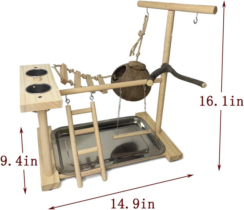 Hamiledyi Parrot Playground Bird Play Stand Natural Wood Parrot Perch Gym with Feeder Cups Cockatiel Nest with Ladder Lovebirds Cage Accessories Toy Exercise Activity Center for Cockatiel Lovebirds - Happypetzone.online - Image 7