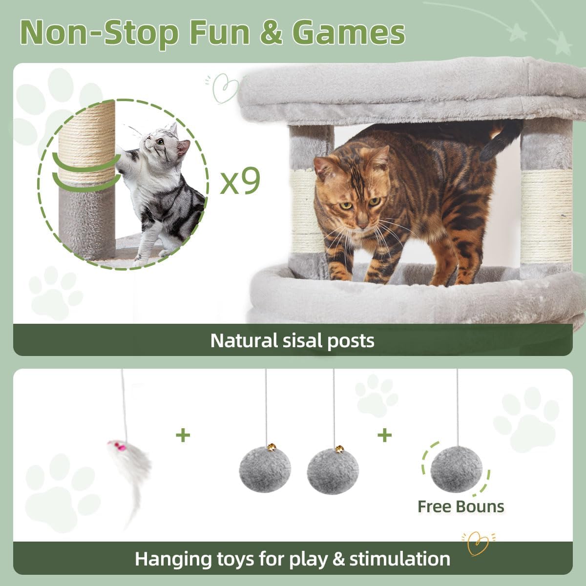 Taoqimiao 71 Inches Cat Tree for Large Cats 20lbs+, 3 Giant Perches, Multi-Level Cat Tree Tower, Widened Cat Condo with 9 Scratching Posts, Luxurious Hammcock & Basket, Light Gray, MS034W - Happypetzone.online - Image 5