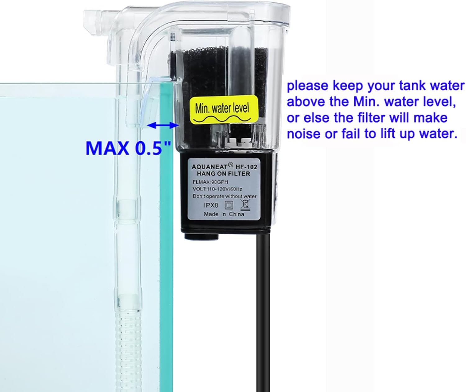 AQUANEAT Aquarium Hang on HOB Power Filter 5 Gallon Rimless Small Fish Tank Filter 90GPH (up to 5Gal) - Happypetzone.online - Image 3
