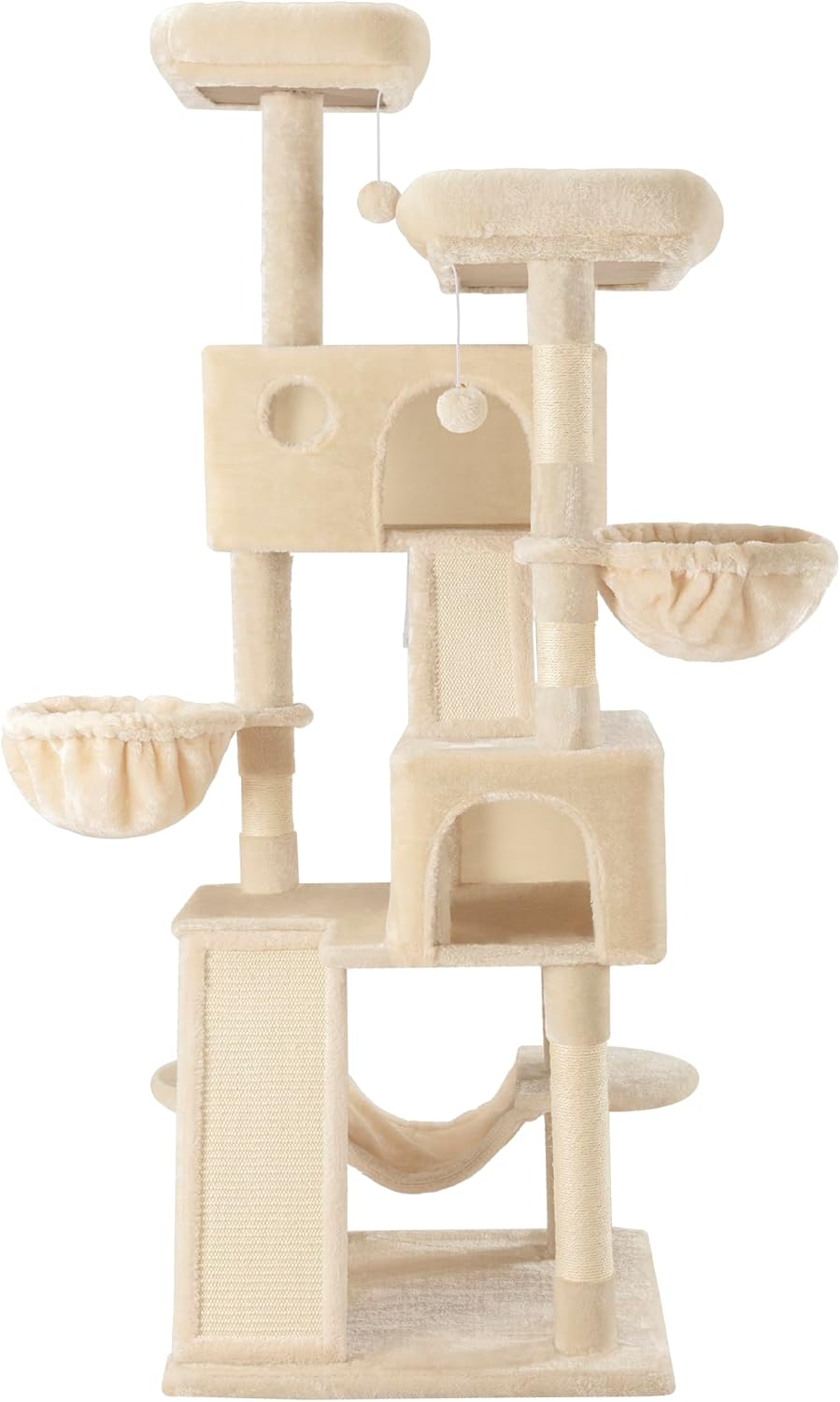 SHA CERLIN 65in Larger Cat Tree Tower Condo for Indoor Kitties/Multi-Level Furniture Activity Center with Wide Base/Cozy Plush Cat Perches/Baskets/Sisal Scratching Posts and Hammock/Beige - Happypetzone.online - Image 9