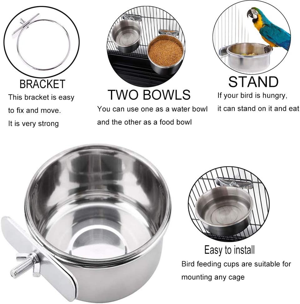 PINVNBY Parrot Feeding Cups Birds Food Dish Stainless Steel Parrot Feeders Water Cage Bowls with Clamp Holder for Cockatiel Conure Budgies Parakeet Parrot Macaw Small Animal Chinchilla Pack of 2 - Happypetzone.online - Image 5