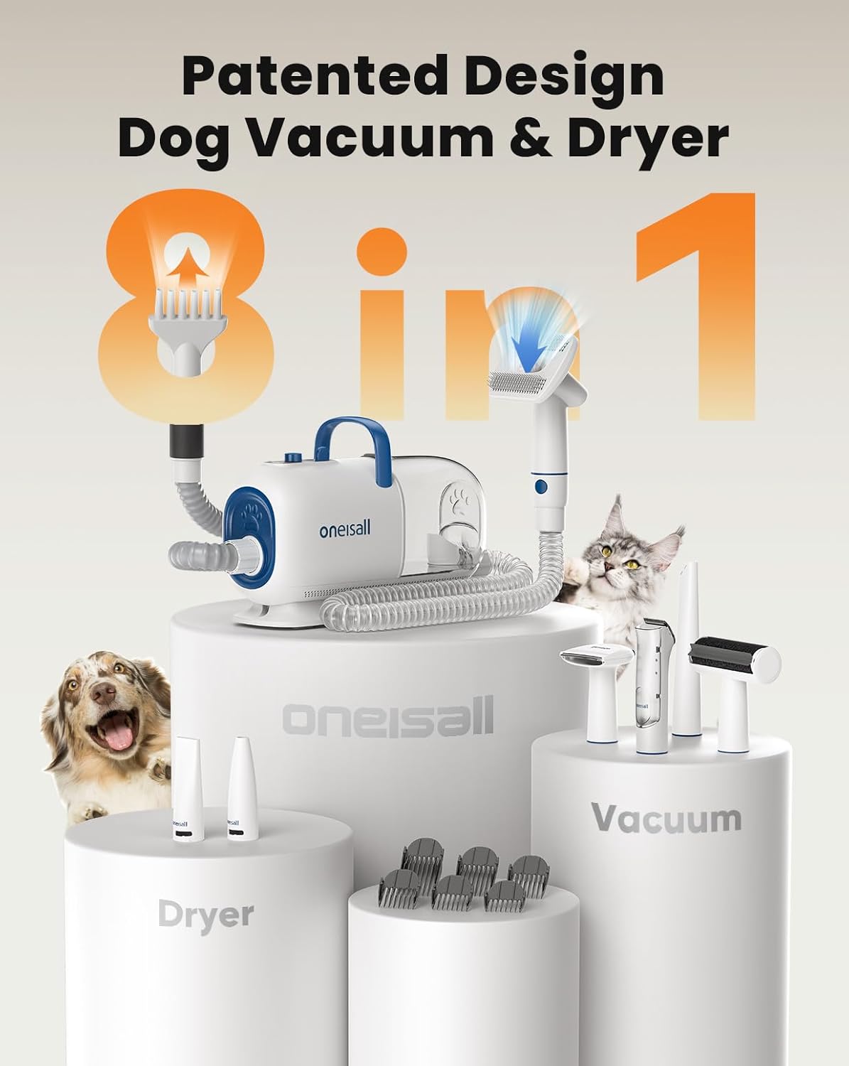 oneisall Dog Vacuum & Dryer for Shedding Grooming, 8 in 1 Dog Grooming Kit with Metal Blade Pet Clippers, Adjustable Speed and Temperature Control Blower - Happypetzone.online - Image 2