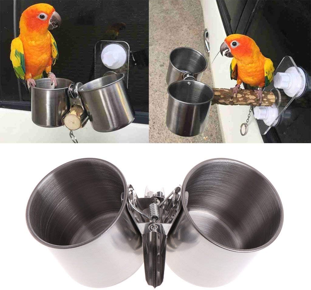 Hypeety Bird Parrot Feeding Double Cups Stainless Steel Food Water Bowls with Clip Bird Seed Feeder Cups Hanging Bowl Cage Stand Accessories - Happypetzone.online - Image 6
