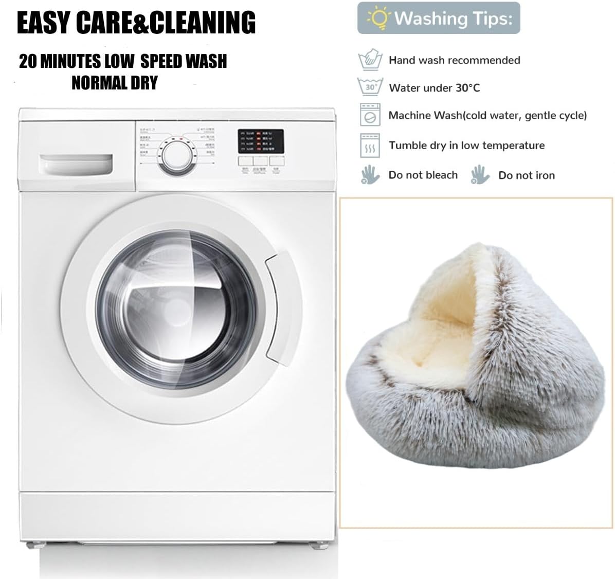 ZaneSun Calming Round Dog Bed & Cat Cave with Hooded Cover, Plush Fluffy Anti-Anxiety Cat Bed, Waterproof Bottom Washable (Coffee, 20x20inch) - Happypetzone.online - Image 5