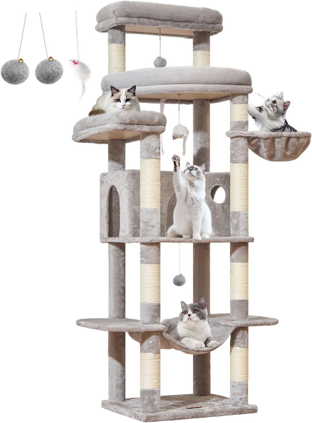 Taoqimiao 71 Inches Cat Tree for Large Cats 20lbs+, 3 Giant Perches, Multi-Level Cat Tree Tower, Widened Cat Condo with 9 Scratching Posts, Luxurious Hammcock & Basket, Light Gray, MS034W - Happypetzone.online - Image 9