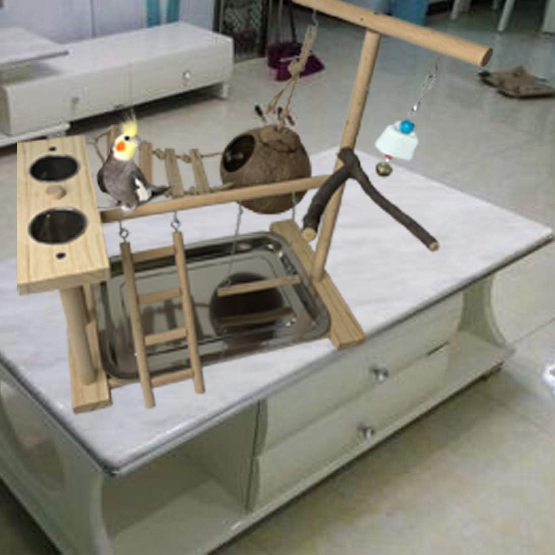 Hamiledyi Parrot Playground Bird Play Stand Natural Wood Parrot Perch Gym with Feeder Cups Cockatiel Nest with Ladder Lovebirds Cage Accessories Toy Exercise Activity Center for Cockatiel Lovebirds - Happypetzone.online - Image 6