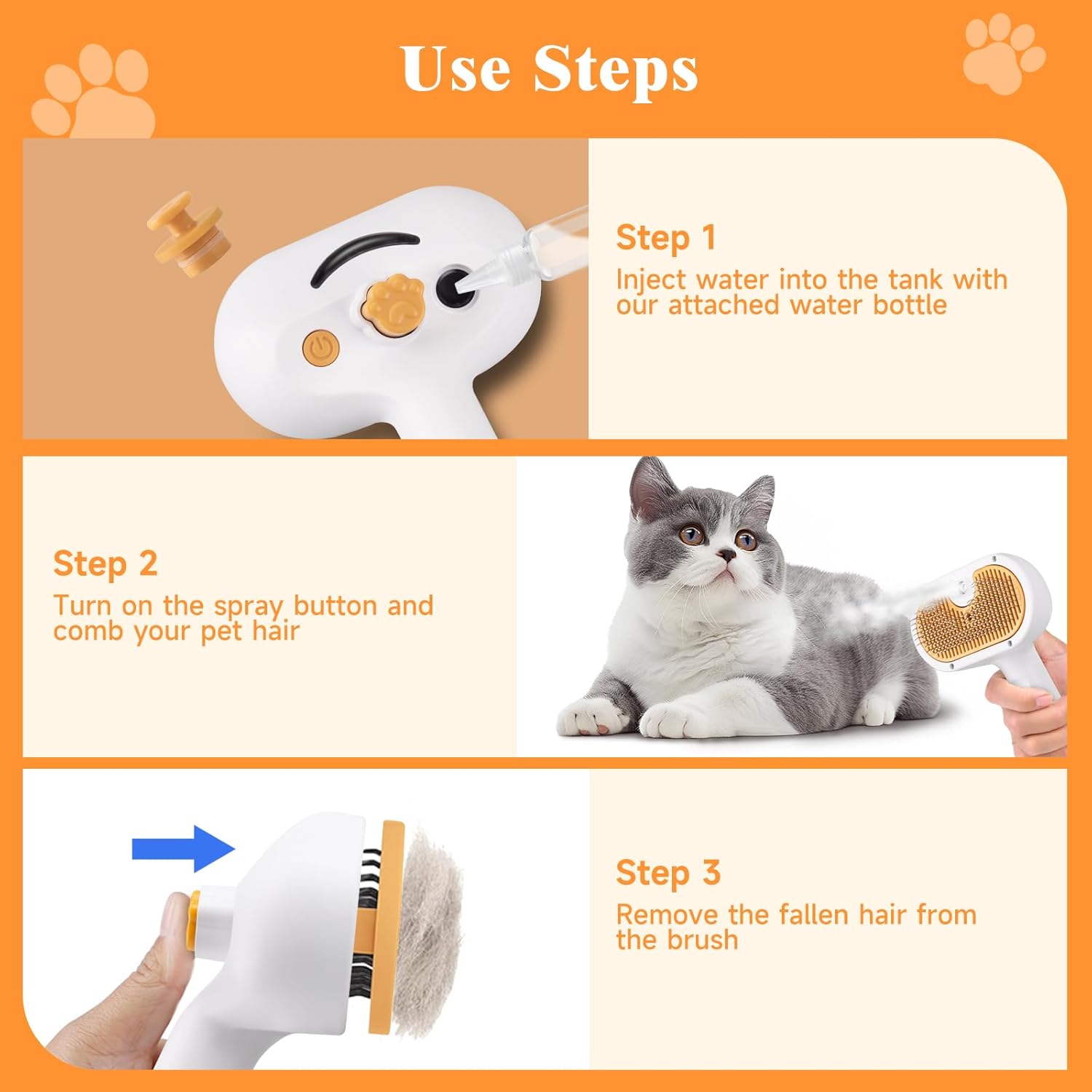 Pet Steam Brush for Dog & Cat – 3-in-1 Spray Hair Removal Comb for Shedding & Grooming, Softens Fur & Reduces Static – Water Brush for Long & Short Coats, Bath-Hating Pets, Includes Waterless Shampoo - Happypetzone.online - Image 5
