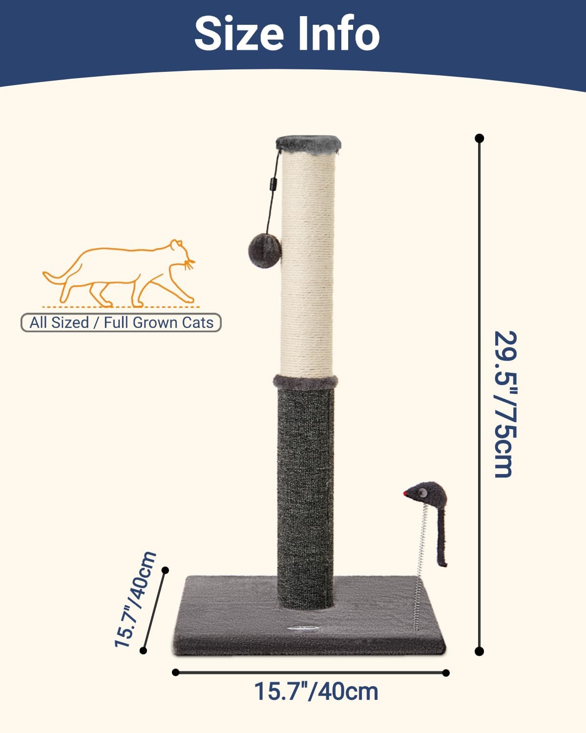 Happi N Pets 29.5" Tall Cat Scratching Post, Cat Scratcher for Indoor Cats, Sisal Scratch Post & Carpet Post in One, Stable Cat Scratch Post with Two Toys, Extra Free Toy, Smokey Gray - Happypetzone.online - Image 3