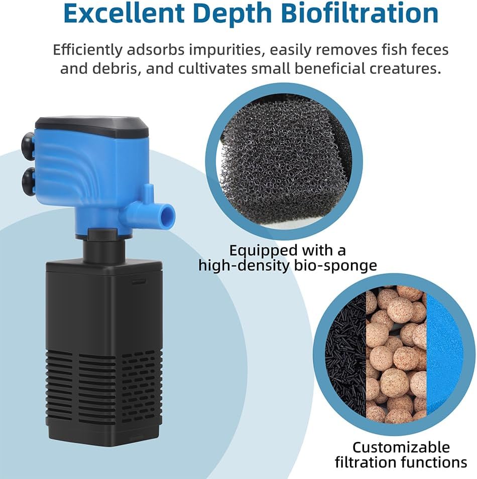DaToo Aquarium Filter 5-15 Gallon Fish Tank Filter 120GPH Powerful Pump For Aquariums Adjustable Air Flow Submersible Internal Aquarium Filters For Pond Wavemaker Air Supply Freshwater And Saltwater - Happypetzone.online - Image 3