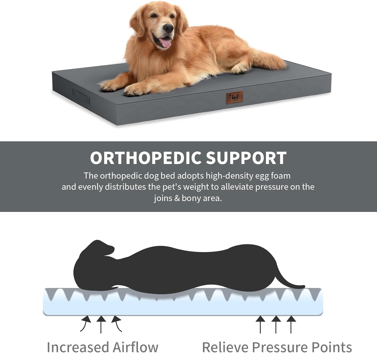 Outdoor Orthopedic Dog Bed, Waterproof Dog Bed for Large Dogs 36x27 Inch, Egg Crate Foam Pet Mat with Washable Removable Oxford Cooling Cover, Grey - Happypetzone.online - Image 3