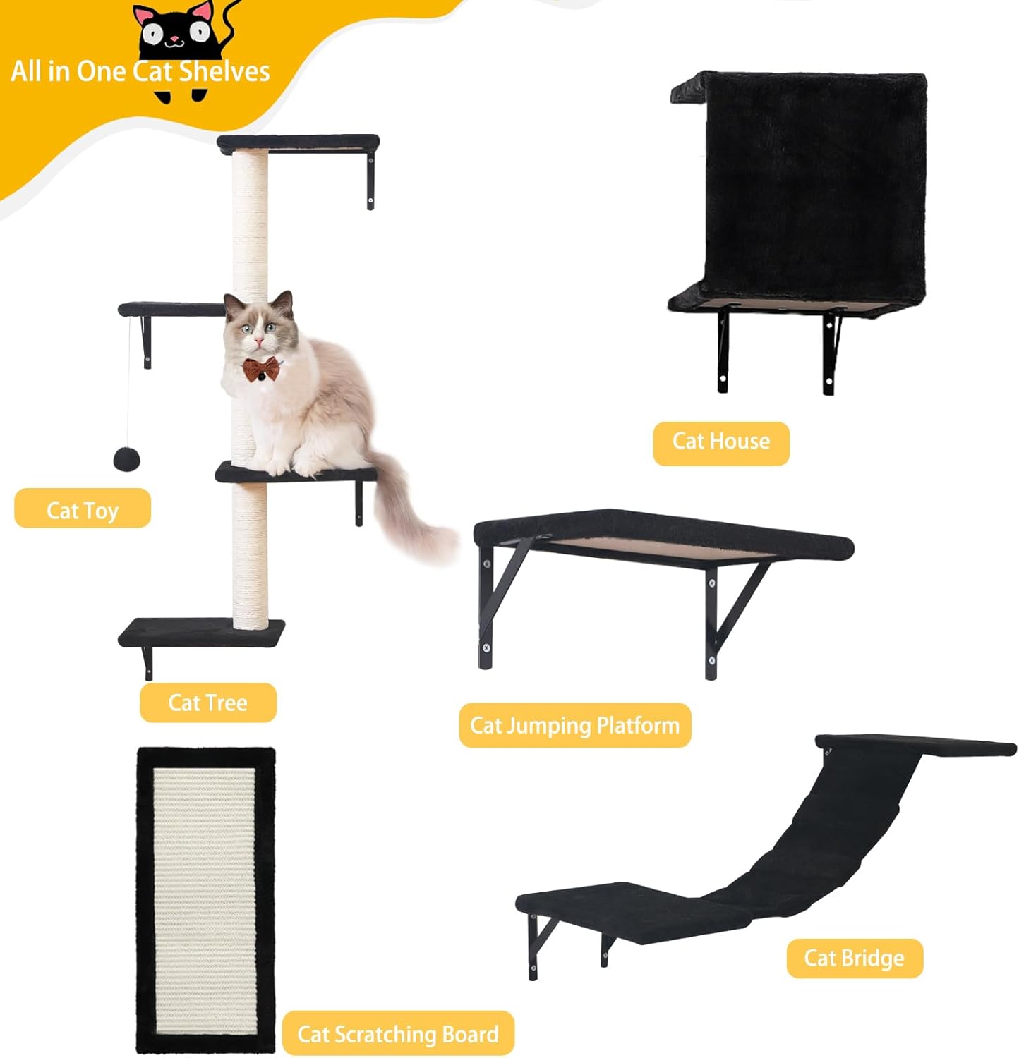 Modern Wall-Mounted Cat Furniture - 5pcs Cat Wall Shelves, Wooden Climber Includes House, Bridge, Tree, Steps, and Scratcher (Black) - Happypetzone.online - Image 5