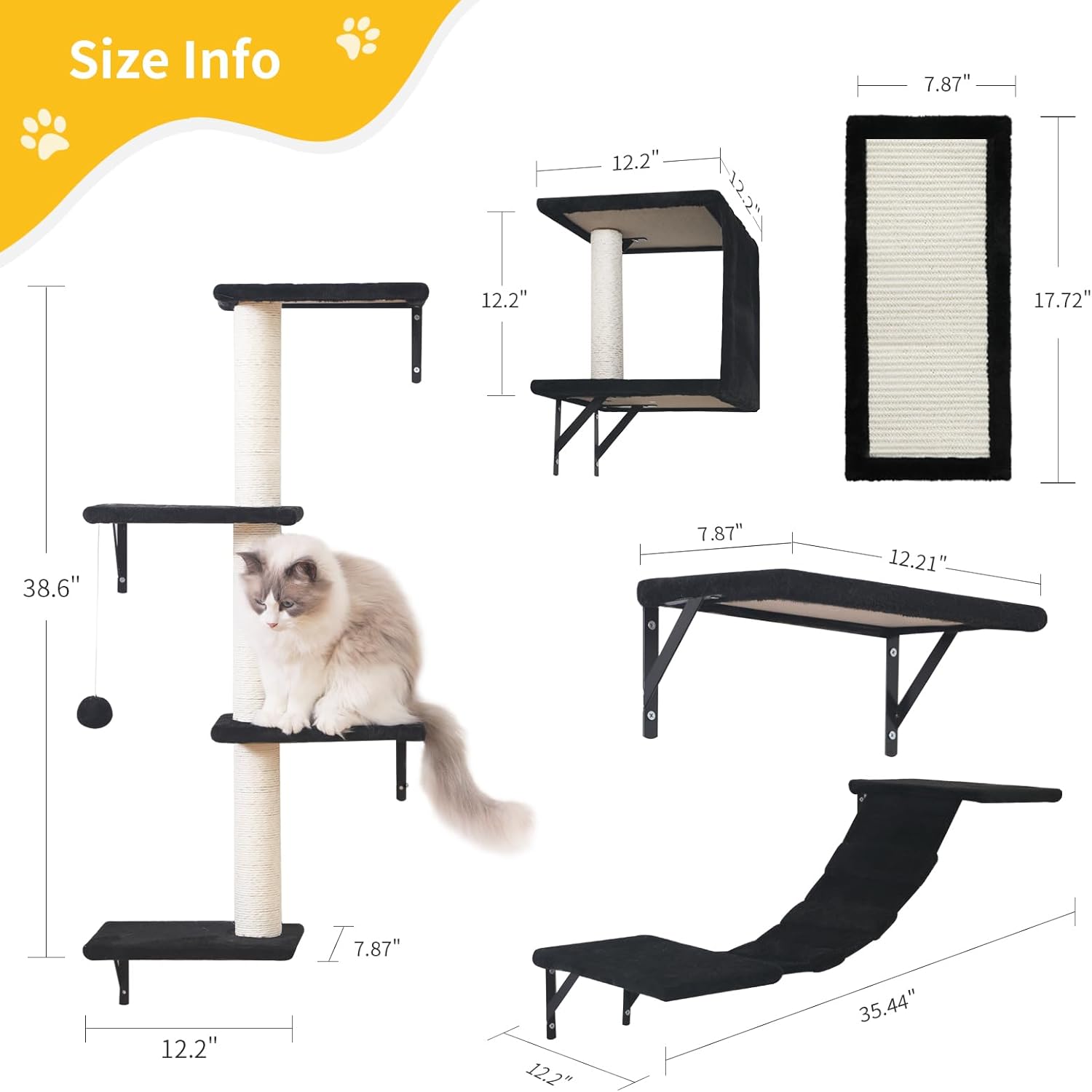 Modern Wall-Mounted Cat Furniture - 5pcs Cat Wall Shelves, Wooden Climber Includes House, Bridge, Tree, Steps, and Scratcher (Black) - Happypetzone.online - Image 4