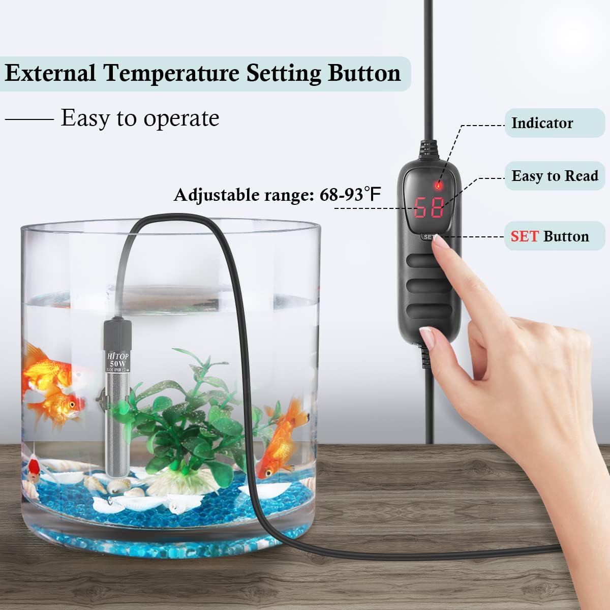 HITOP Mini Submersible Aquarium Heater -50W Digital Heater for Fish Tank Turtle Tank, for Saltwater and Fresh Water with Temperature Controller - Happypetzone.online - Image 4