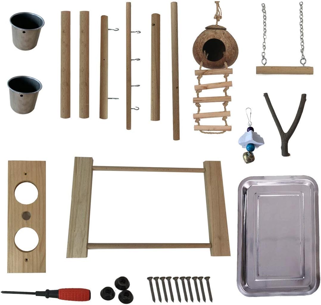 Hamiledyi Parrot Playground Bird Play Stand Natural Wood Parrot Perch Gym with Feeder Cups Cockatiel Nest with Ladder Lovebirds Cage Accessories Toy Exercise Activity Center for Cockatiel Lovebirds - Happypetzone.online - Image 3