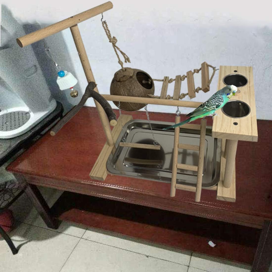 Hamiledyi Parrot Playground Bird Play Stand Natural Wood Parrot Perch Gym with Feeder Cups Cockatiel Nest with Ladder Lovebirds Cage Accessories Toy Exercise Activity Center for Cockatiel Lovebirds - Happypetzone.online - Image 5
