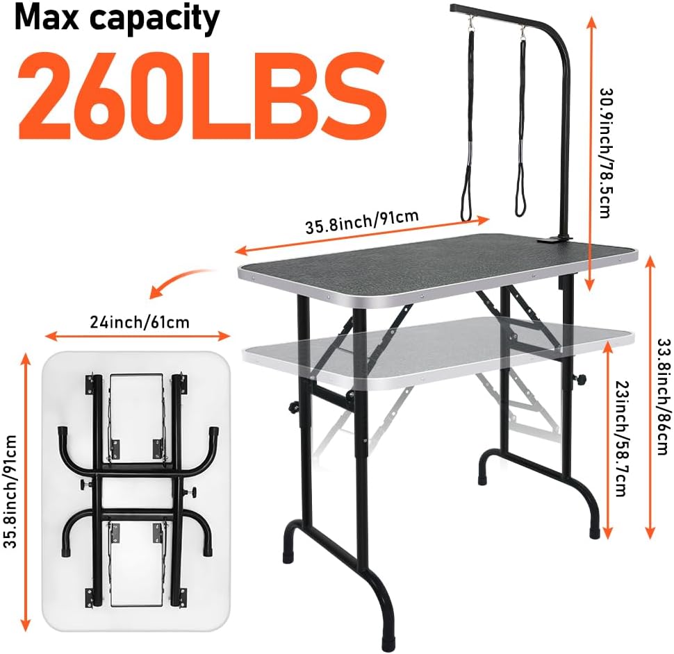 LEIBOU 36-inch Height Adjustable(23''~33.8'') and Foldable Pet Dog Grooming Table with Grooming Arm & Noose for Dog Cat Pet Grooming Maximum Capacity Up to 260lbs - Happypetzone.online - Image 2