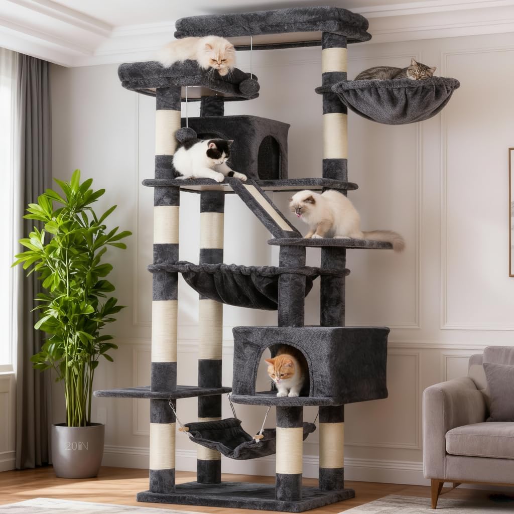 Heybly Cat Tree, 71-Inch-Tall Tower for Indoor Cats with 2 Perches, 2 Big Condos, 2 Hammocks, Basket, Scratching Pad, Large Cat Furniture and Condo, Smoky Gray HCT034G - Happypetzone.online - Image 8