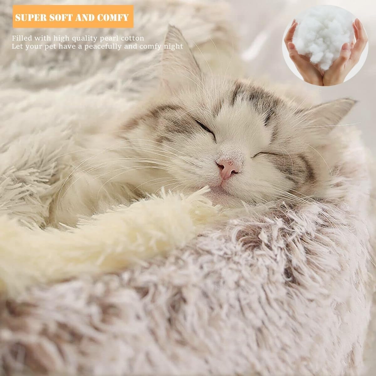 ZaneSun Calming Round Dog Bed & Cat Cave with Hooded Cover, Plush Fluffy Anti-Anxiety Cat Bed, Waterproof Bottom Washable (Coffee, 20x20inch) - Happypetzone.online - Image 3