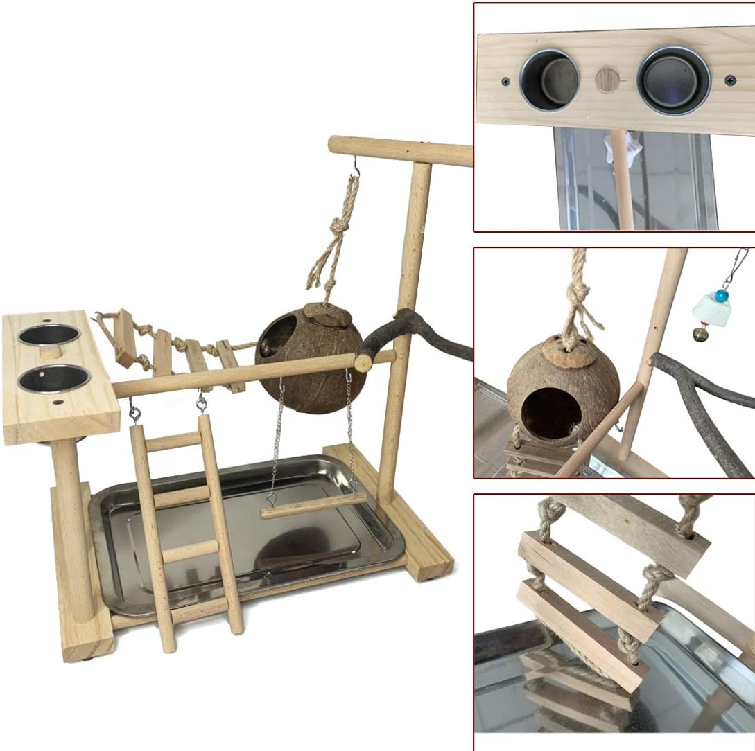 Hamiledyi Parrot Playground Bird Play Stand Natural Wood Parrot Perch Gym with Feeder Cups Cockatiel Nest with Ladder Lovebirds Cage Accessories Toy Exercise Activity Center for Cockatiel Lovebirds - Happypetzone.online - Image 2