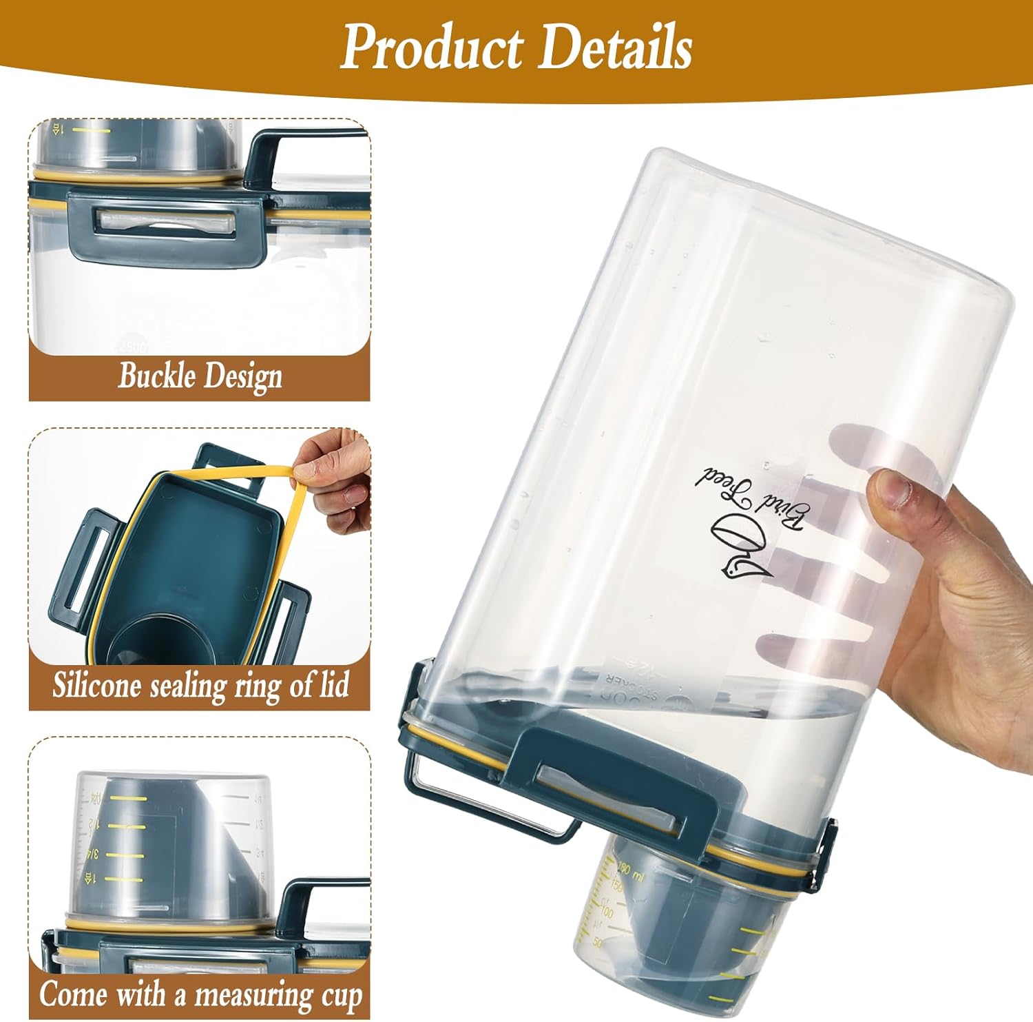 2 Pcs 3.17 Qt/3 L Bird Seed Storage Container Airtight- Portable Bird Food Container with Airtight Measuring Cup, Clear Pet Parrot Seed Dispenser for Birds Food Chicken Feed Storage, Blue Lid - Happypetzone.online - Image 4