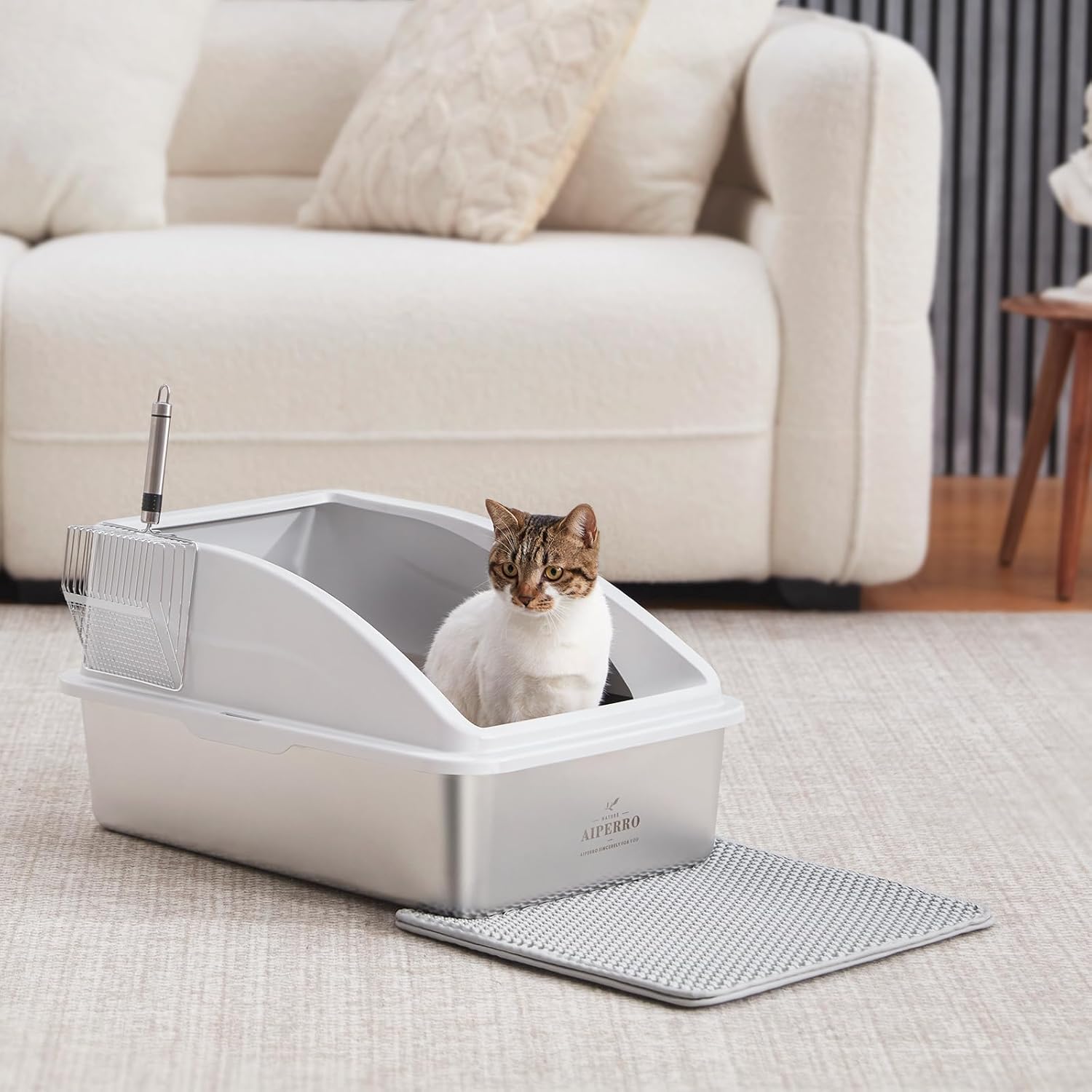 Stainless Steel Litter Box | XL Enclosed Cat Litter Boxes with Lid for Big Cats | High Sided, Anti-Urine Leakage | Non-Stick Bottom & Includes Litter Mat & Metal Scoop - Happypetzone.online - Image 7